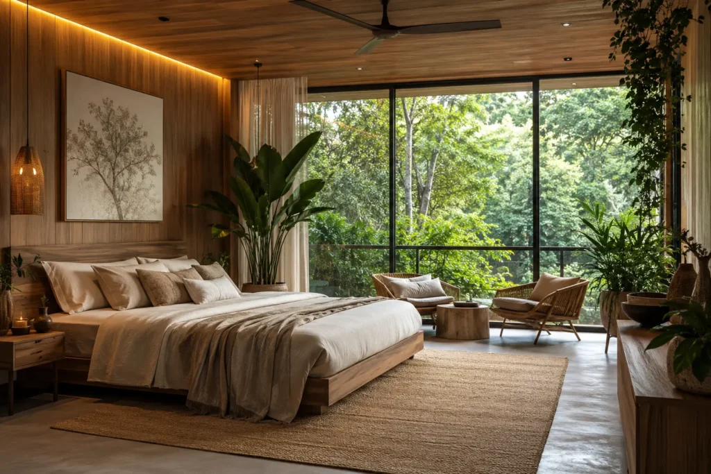 Cozy modern bedroom with forest view