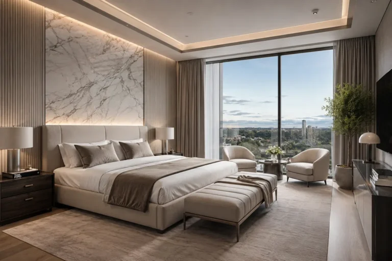 Modern luxury bedroom with city view