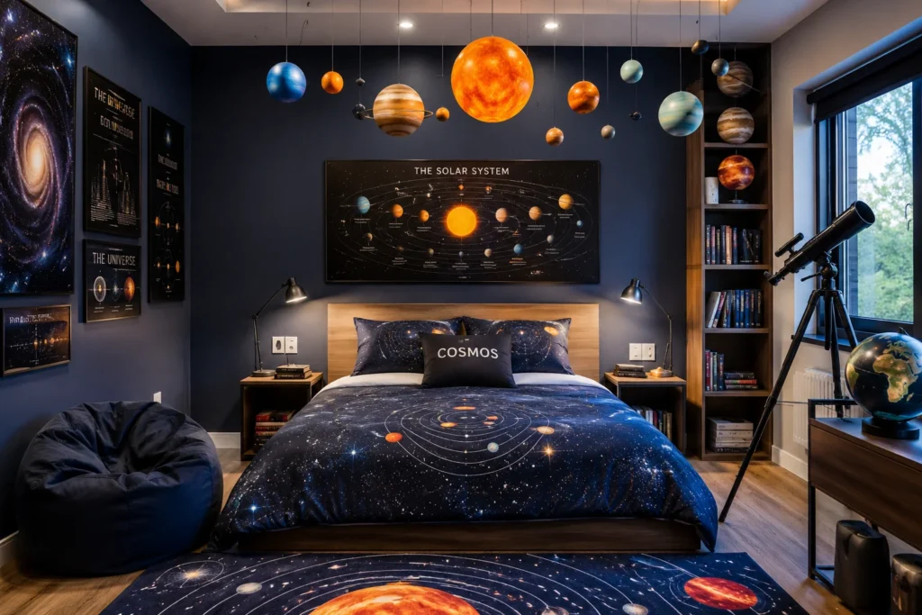 Astronomy-themed bedroom with space decor