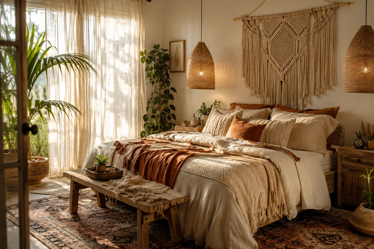 Bohemian bedroom bathed in sunlight