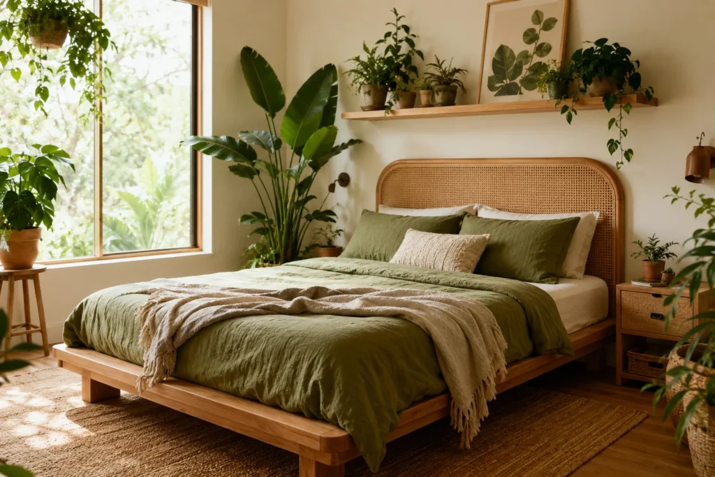 Bohemian bedroom with lush greenery