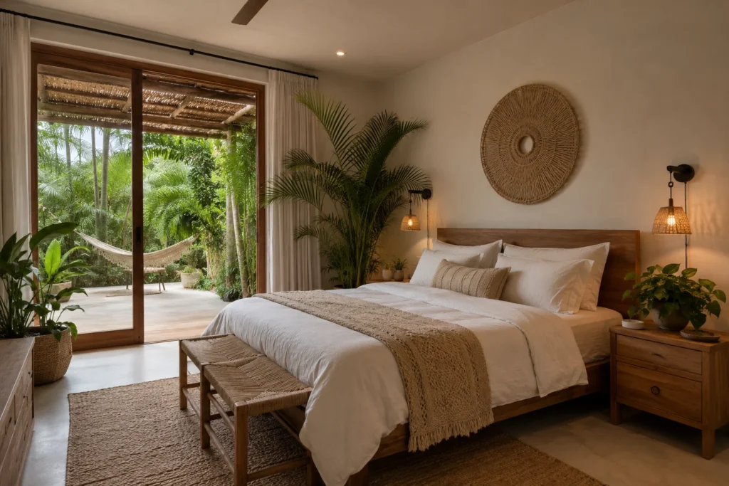 Boho bedroom with tropical vibes