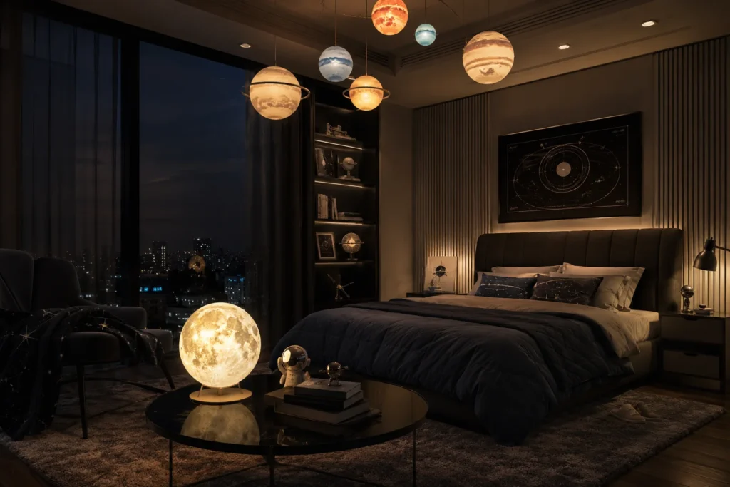 Celestial-themed modern bedroom at night