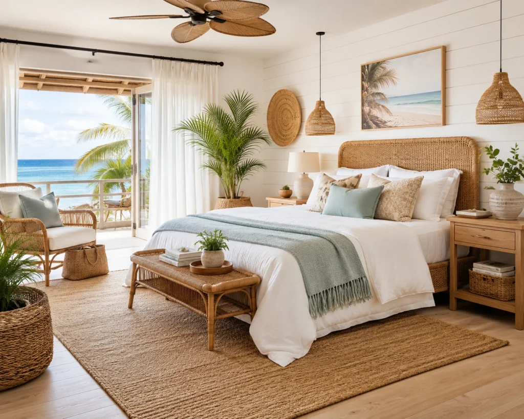 Coastal boho bedroom with ocean view