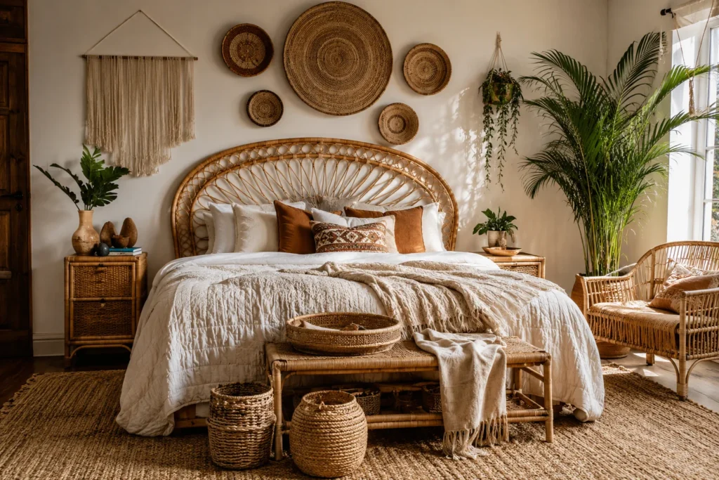 Cozy bohemian bedroom with natural textures