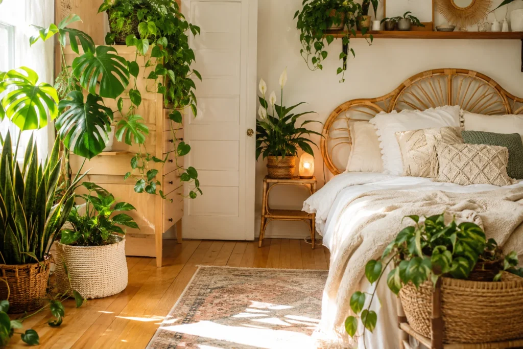 Cozy bohemian bedroom with plants