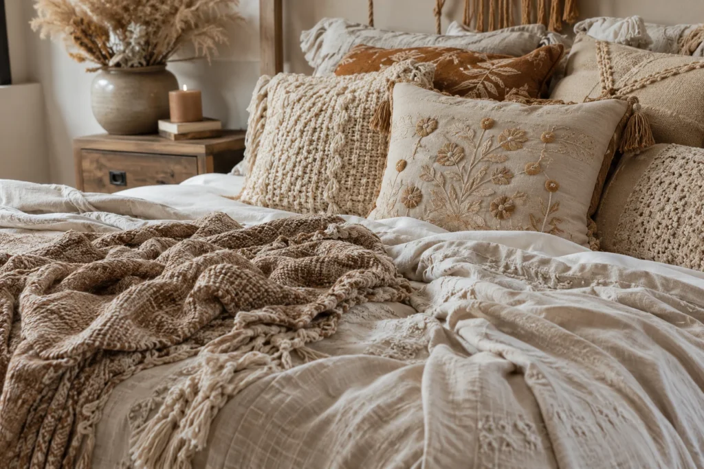 Cozy boho bedroom with textured linens