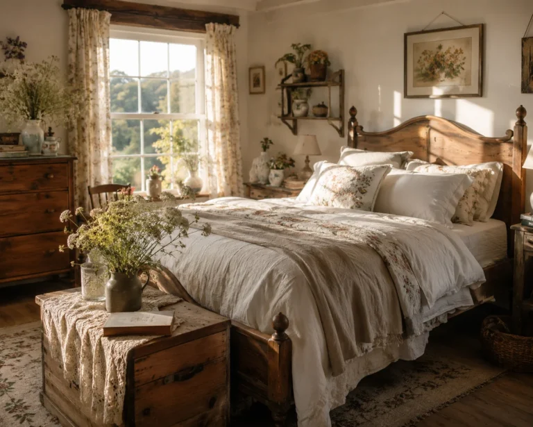 Cozy cottage bedroom with natural light