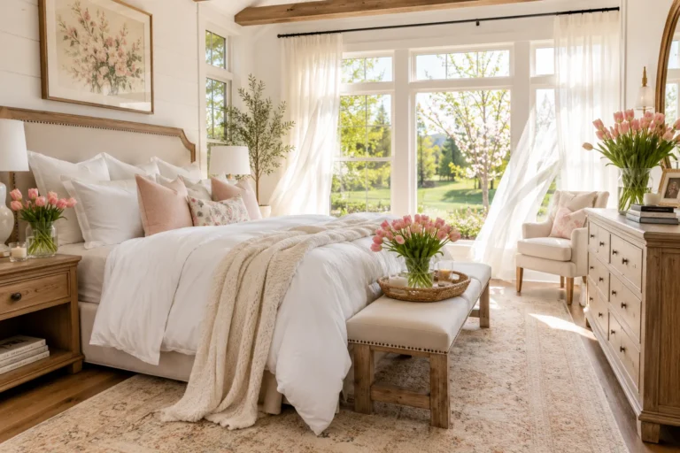 Cozy springtime farmhouse bedroom retreat