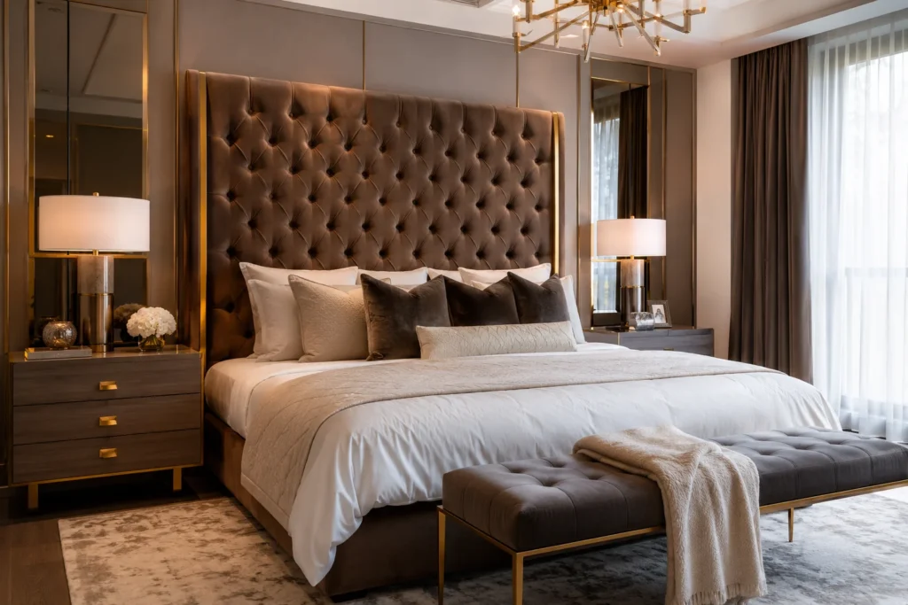 Cozy upscale bedroom with neutral tones