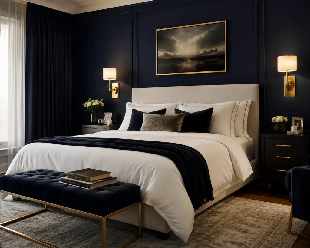 Elegant modern bedroom with navy accents