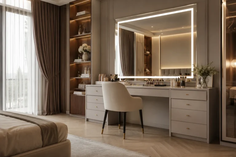 Elegant vanity setup with warm lighting