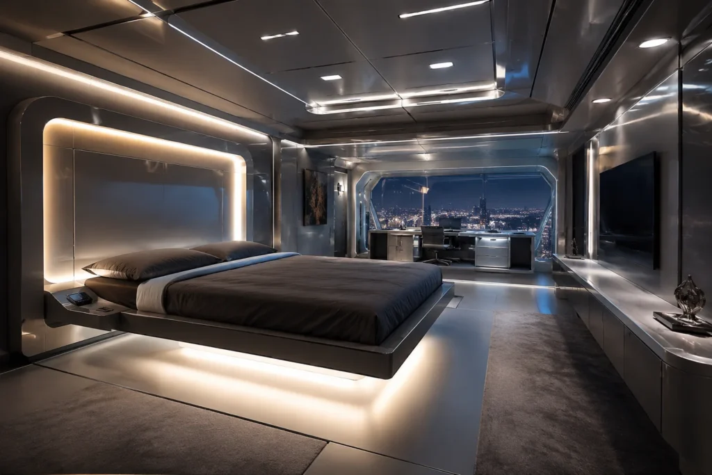 Futuristic bedroom with city view