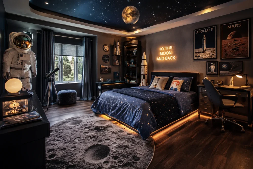 Futuristic space-themed bedroom interior
