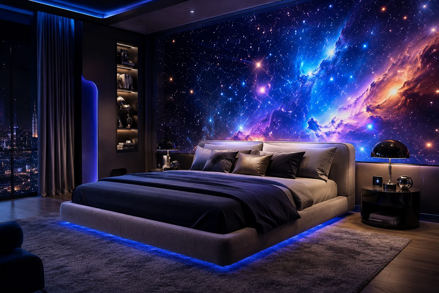 Futuristic space-themed luxury bedroom decor