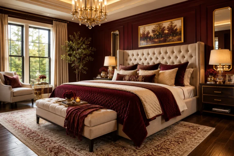 Luxurious burgundy and gold bedroom decor