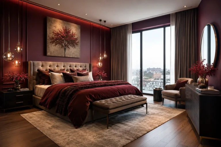 Luxurious burgundy-toned bedroom with city view