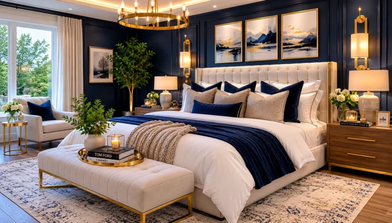 Luxury navy and gold bedroom sanctuary