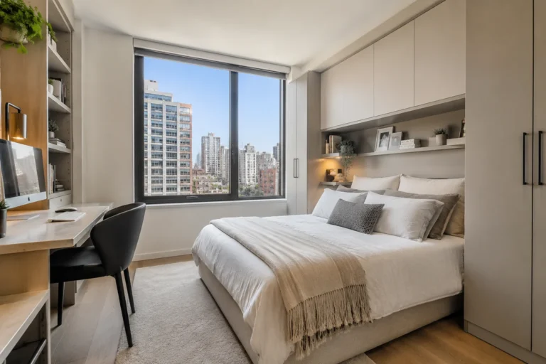 Modern bedroom-office with city view