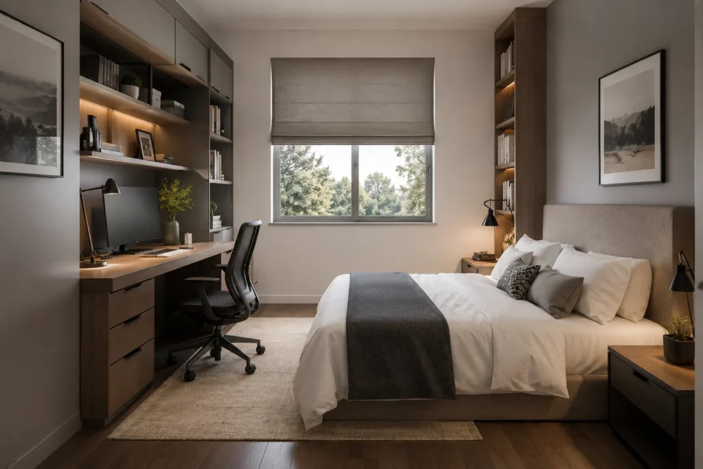 Modern bedroom-office with natural light