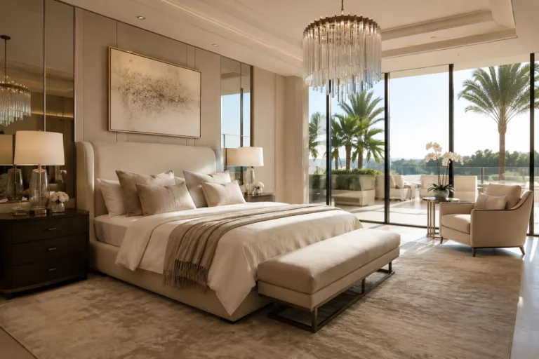Modern luxury bedroom with balcony view