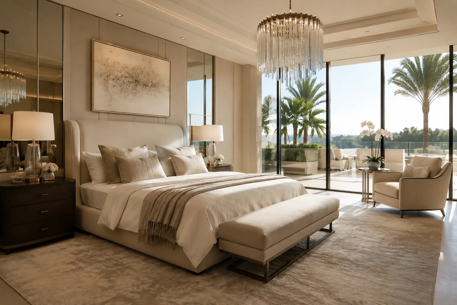 Modern luxury bedroom with balcony view