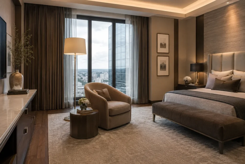 Modern luxury bedroom with city view
