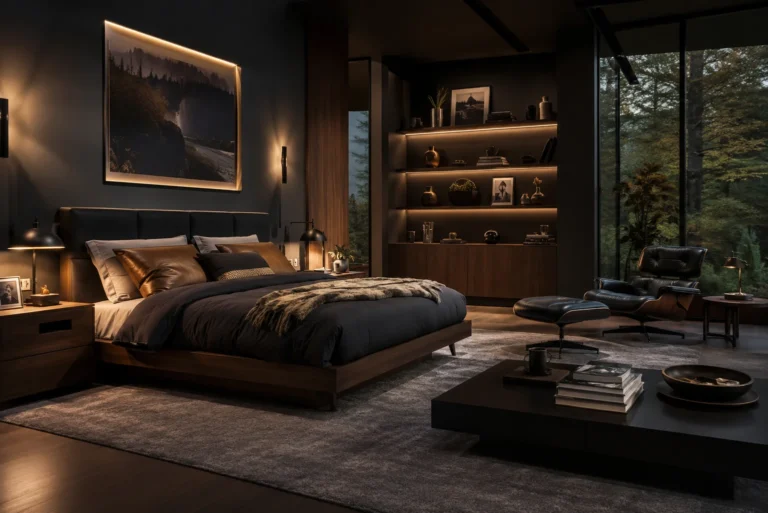 Modern luxury bedroom with lounge area