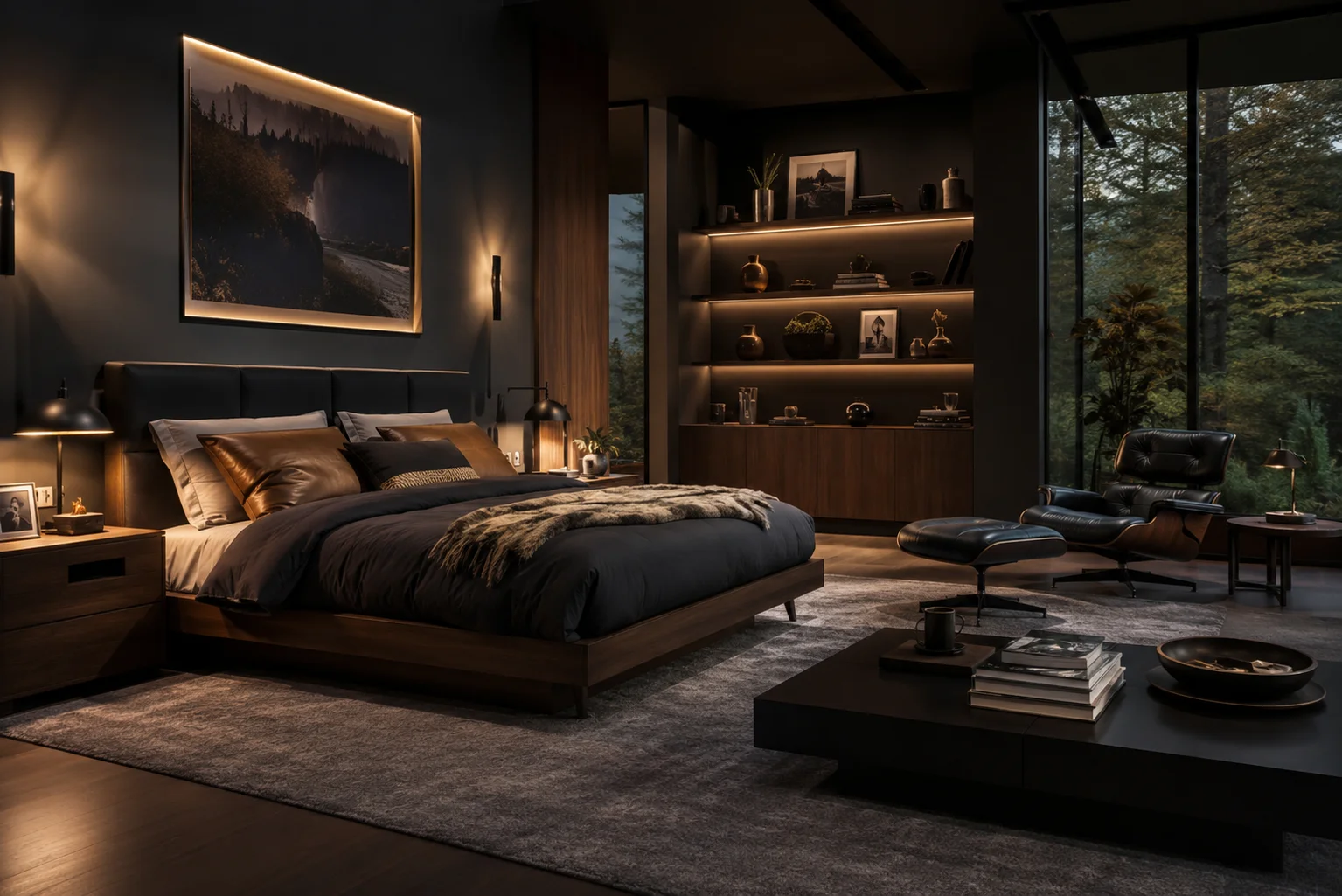 Modern luxury bedroom with lounge area