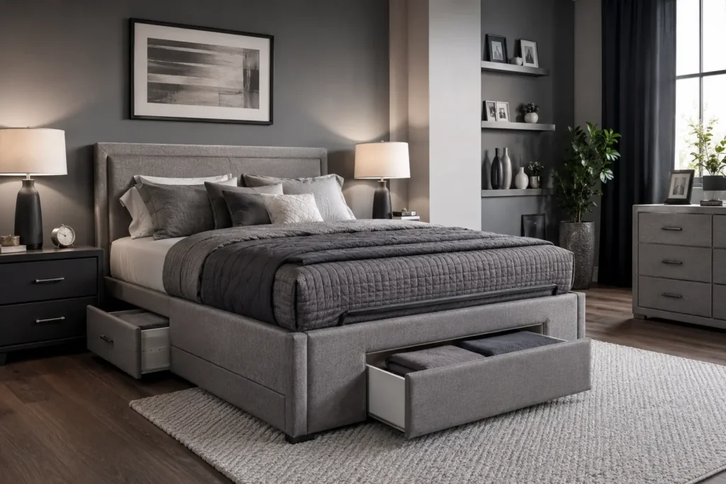 Modern monochrome bedroom with storage bed