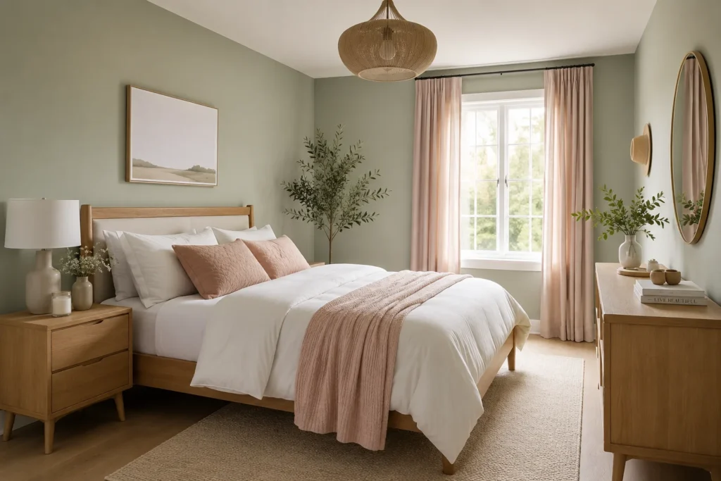 Modern serene bedroom with blush accents