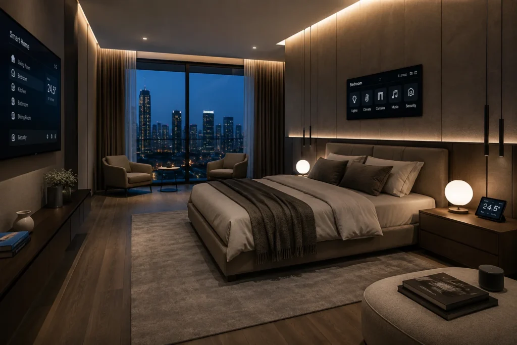Modern smart bedroom with city view