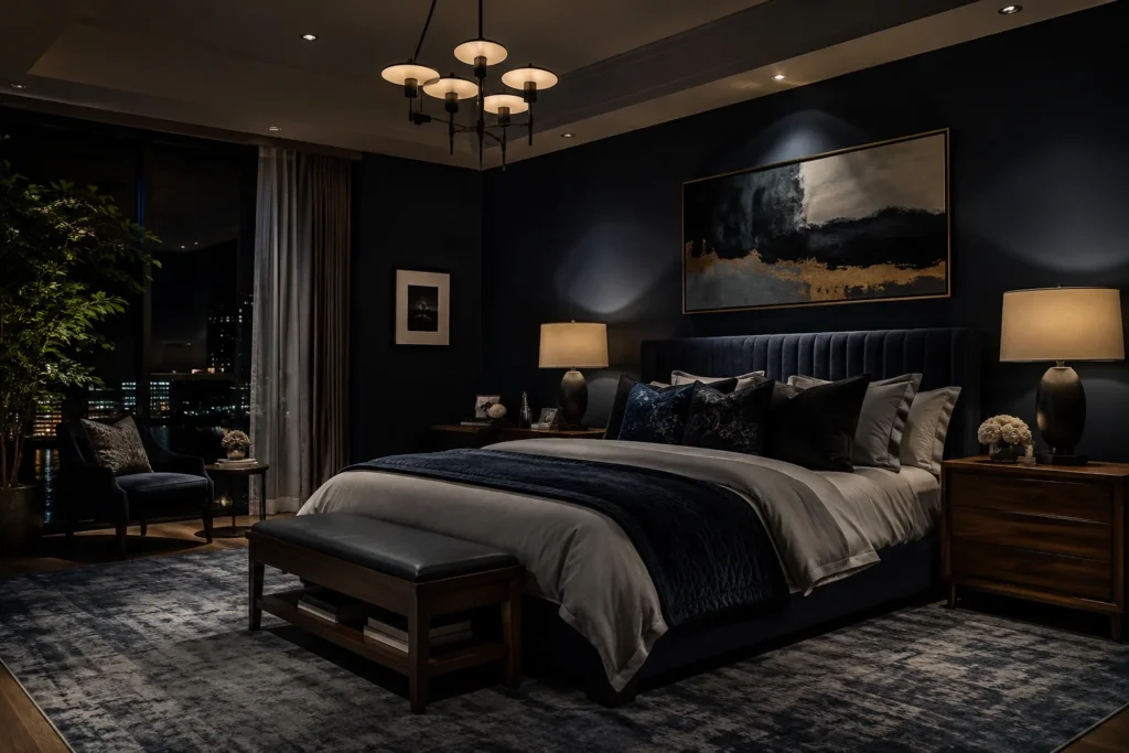 Moody modern bedroom with city views