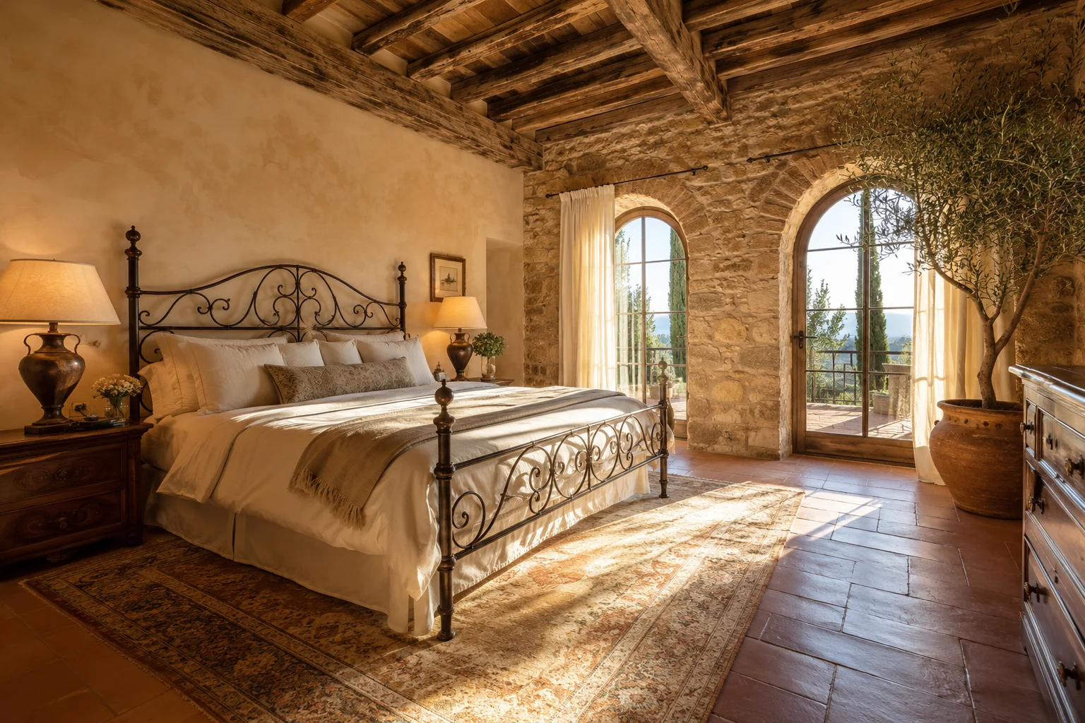 Rustic Mediterranean bedroom with sunlight