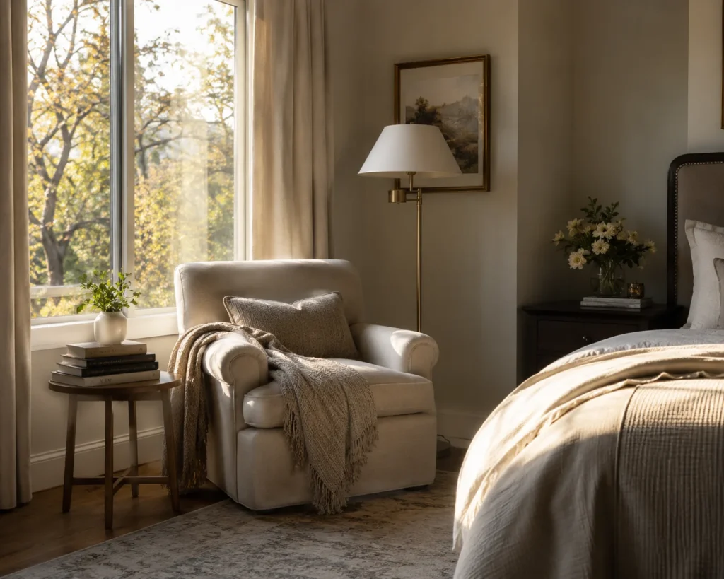 Sunlit reading nook in neutral tones
