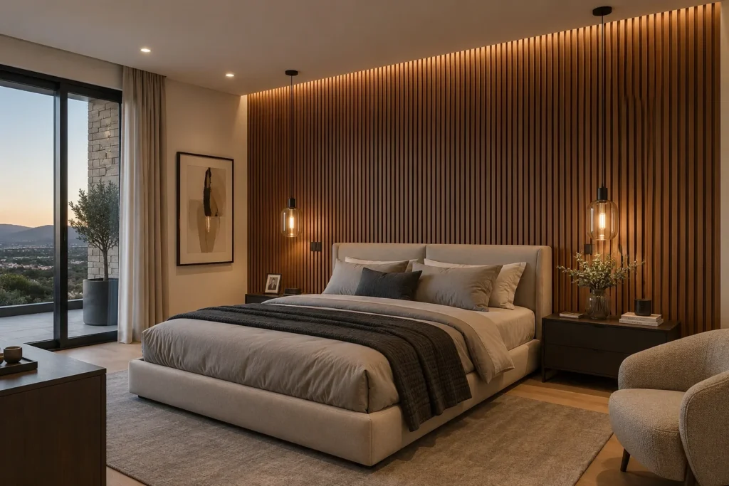 Upscale minimalist bedroom with serene view